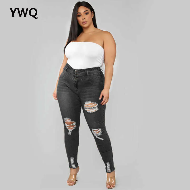 Плюс размер высокой талии джинсы женщины худые разорванные крупные грузовые брюки женские мода стройная плотная дыра мама брюки 210708