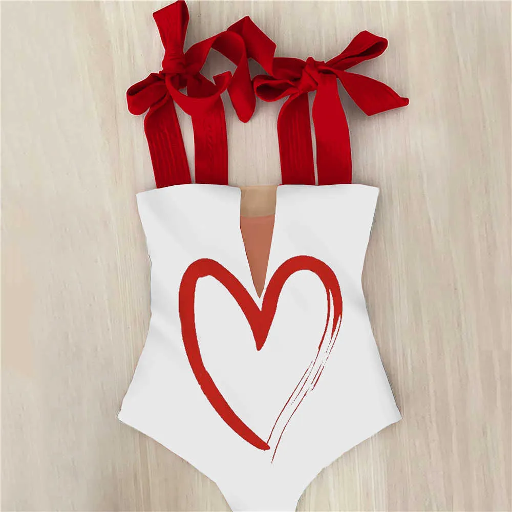 Sexy Swimsuit Shoulder Strappy Heart print Swimwear Women Backless Bathing Suit Beach Wear Monokini 210611