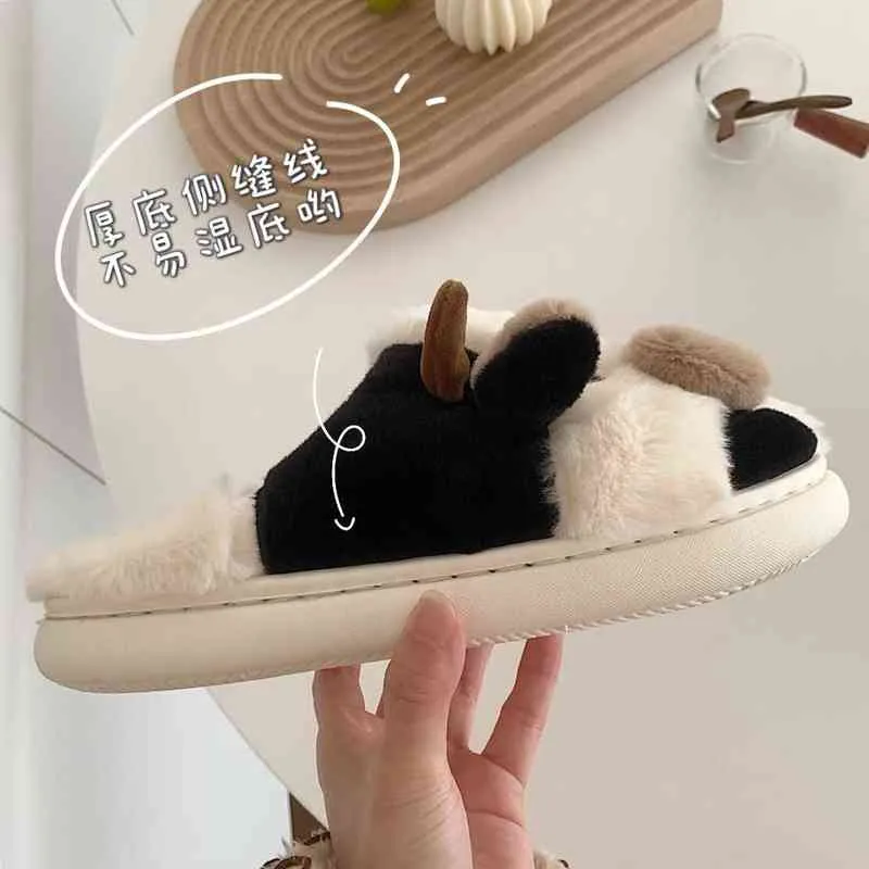 Femmes mignon Animal pantoufle filles mode Kawaii moelleux hiver chaud pantoufles dessin animé lait vache maison drôle Chaussure Femme