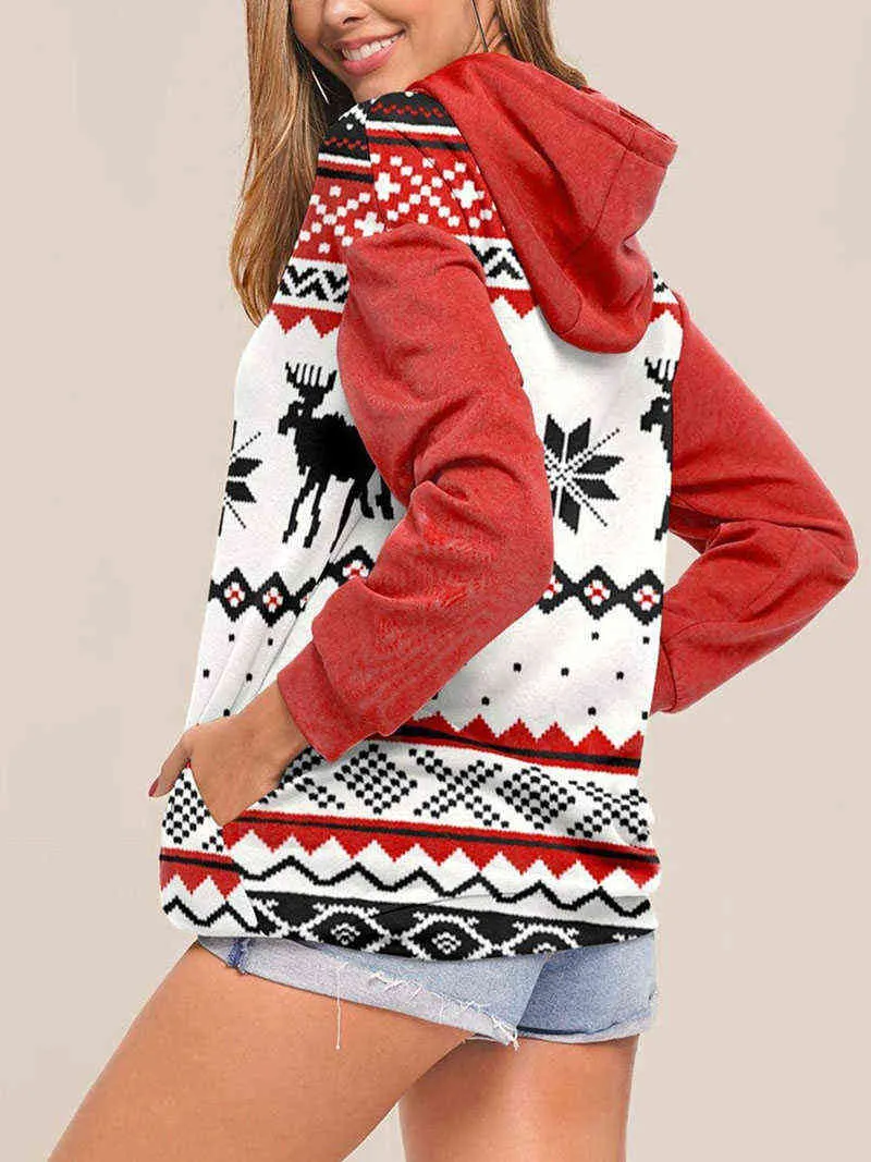 Women Hoodies Christmas Elk Snowflake Cartoon Cute Print Hooded Collar Drawstring Red Pullover Loose Casual Sweatshirt Y1118
