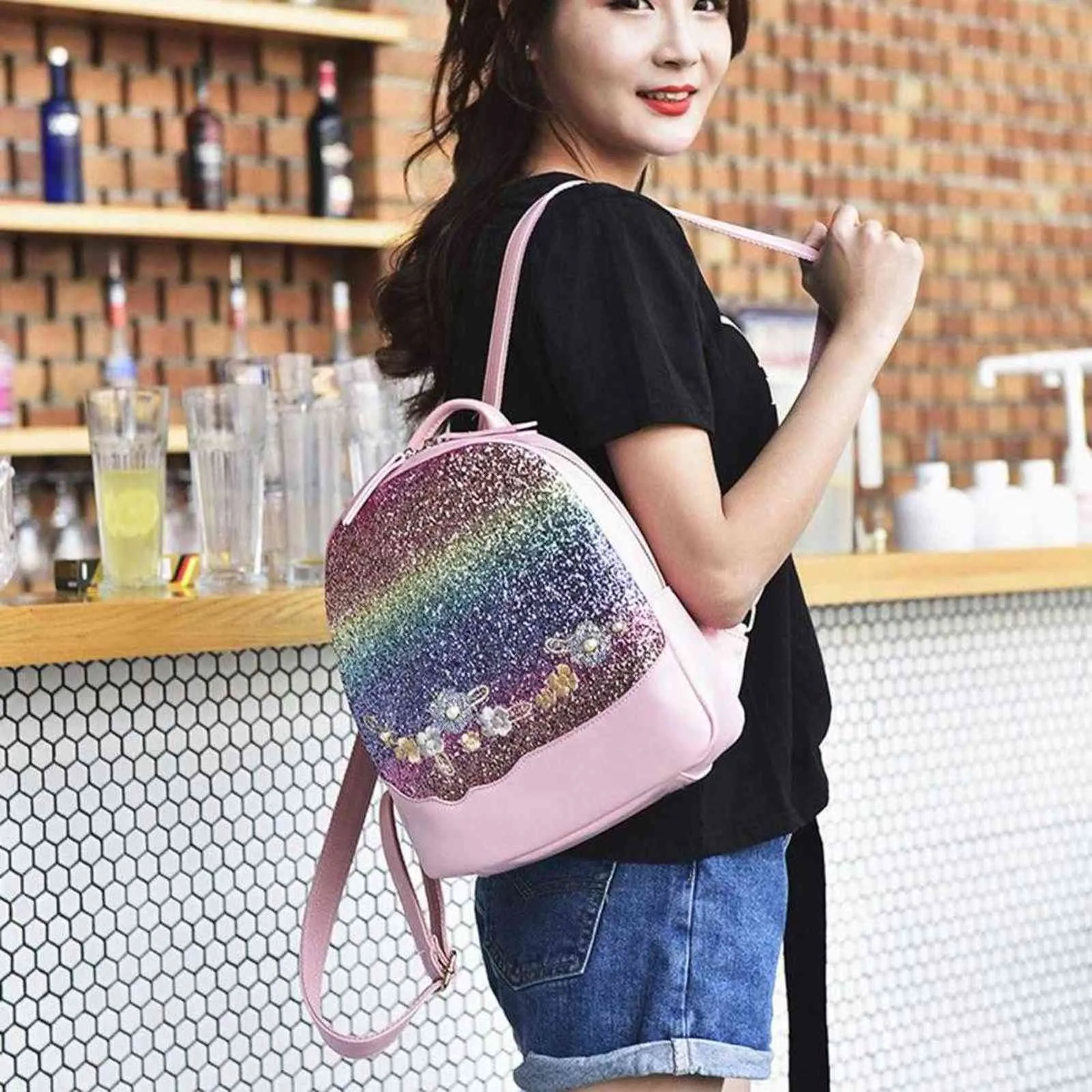 Mini sac à dos femme luxe en cuir PU Kawaii sac à dos mignon gracieux sac à dos petits sacs d'école pour filles Bling paillettes brillant Y1105