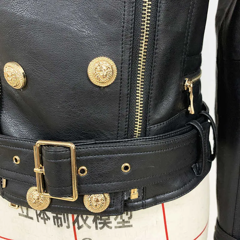 Alta calidad est diseñador chaqueta de mujer botones de león chaqueta de cuero de imitación chaqueta de motociclista 210908