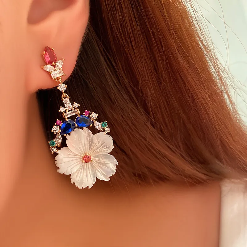 Boucles d'oreilles de luxe pour femmes, cristal brillant, fleur, pendentif goutte d'eau, bijoux de marque, 2020