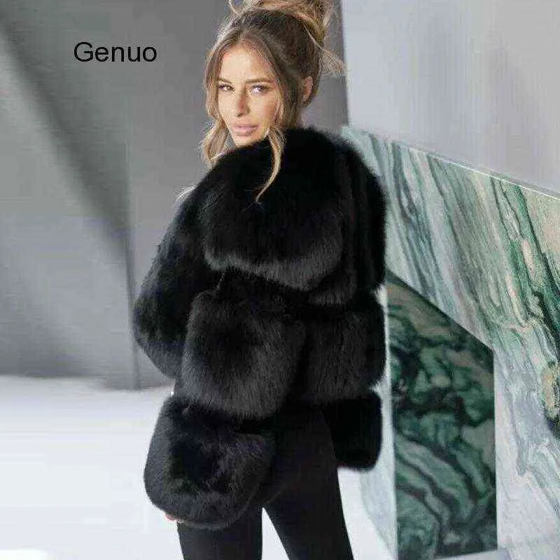 Veste de fourrure en cuir imitation noire courte femme hiver vêtements d'extérieur épais chaud faux manteaux plus taille pardessus moelleux 211220