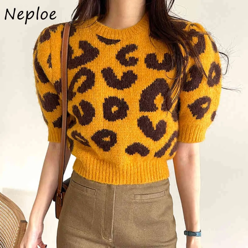 Maglione lavorato a maglia a maniche corte con scollo a O da donna modello leopardato slim fit pull femme tuta invernale tutto abbinato 210422