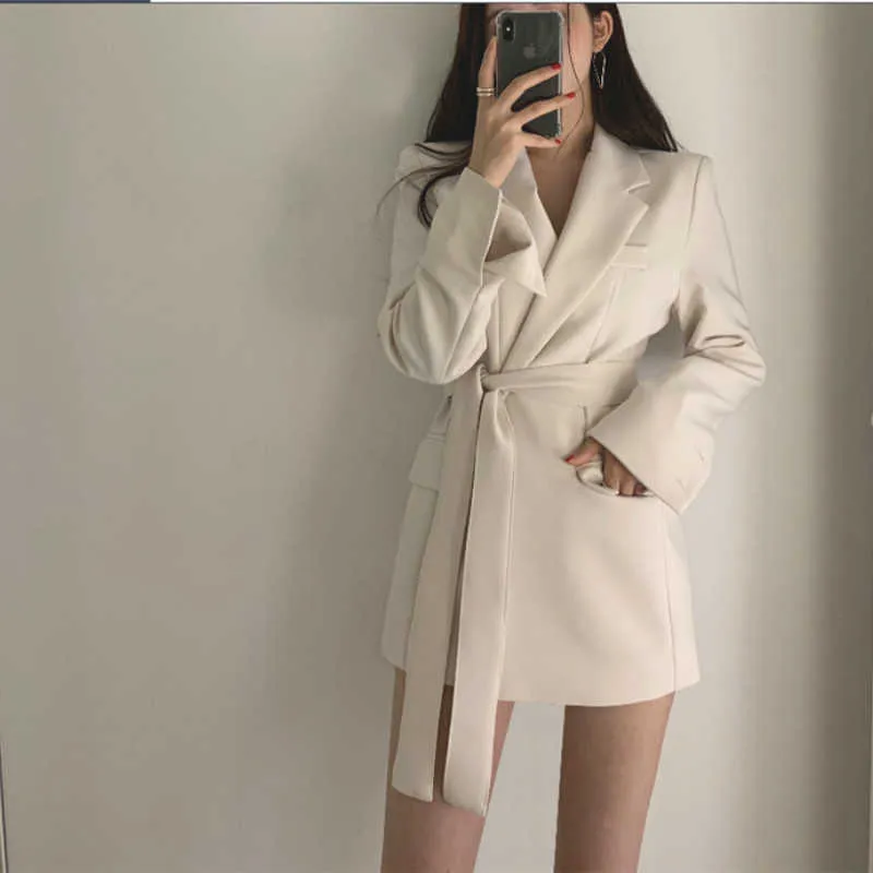 Office Ladies Blazer Dres Suits with Belt Outerwear Women's Jackets Long Sleeve Elegant White Black Jacket Female 210930