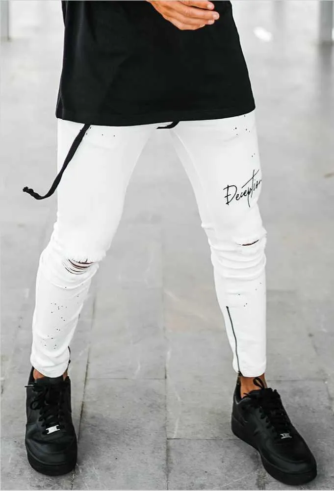 男性ソリッドカラーファッションタイトジーンズセクシーカジュアルホールリッピングデザインストリートウェア刺繍鉛筆パンツ男性足首ジッパースリムジーンズx0621