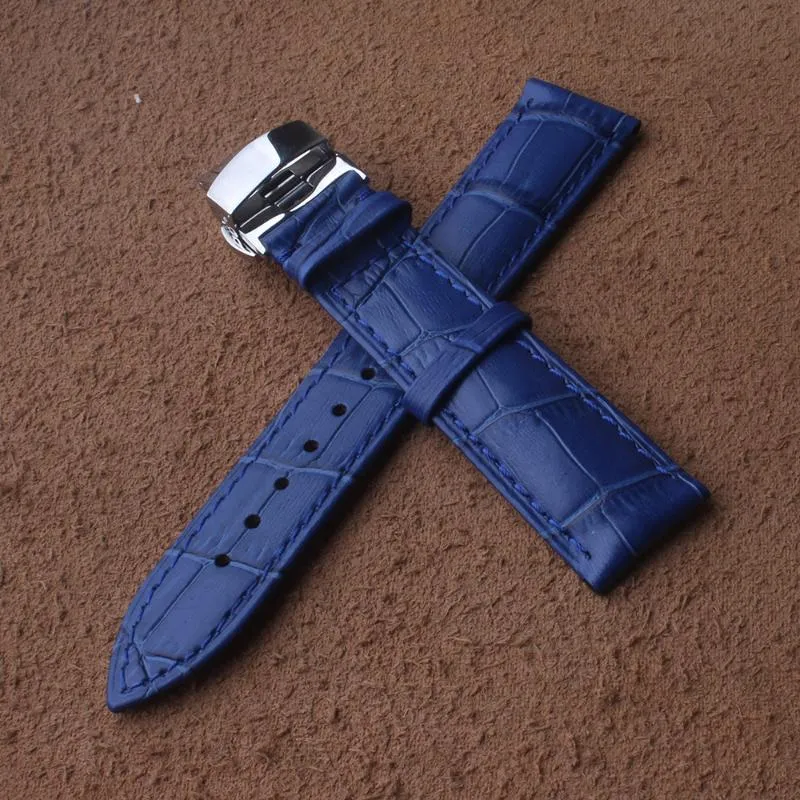 Titta på band mörkblå äkta kohud läder 14mm 16mm 18mm 20mm 22 mm klockor band rem bälte klockband vikande spänne 205s