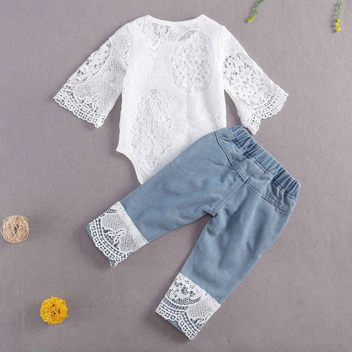 0-24M born Infant Baby Girls Clothes Set Lace White Romper Denim Pants Autumn Girl Outfits Clothing 210515