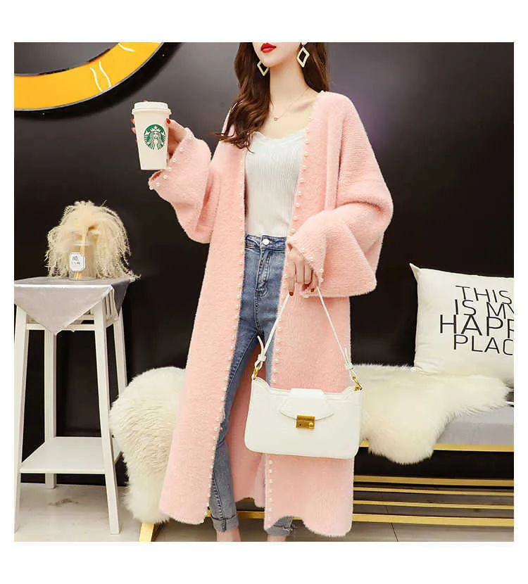 H.SA Winter Long Knitted Sweater Cardigans V neck Cashmere Soft Pearl Beading Knit Oversized Knitted Jacket Korean Coat 210716