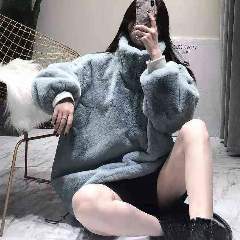 Turtleneck Furry Sweatshirt Women Winter Casual Plush Faux Fur Coat Vintage Thick Korean Zipper Keep Warm Hoodies Tops 211110