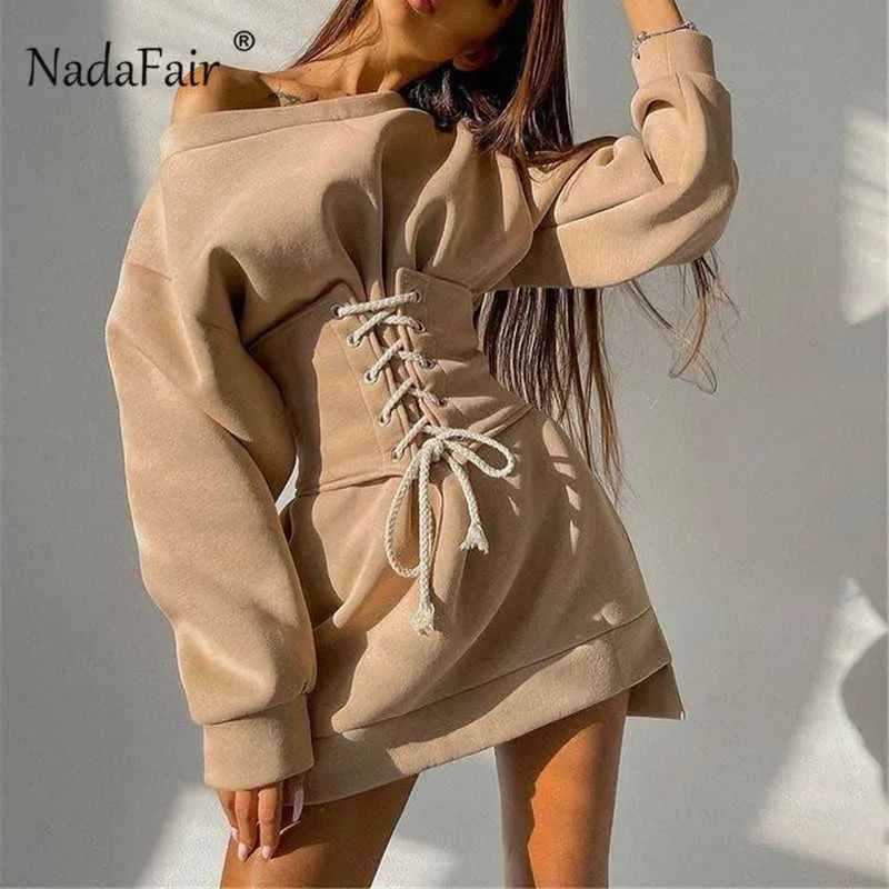 Nadafair Casual Mini Felpa Abito con Corsetti Donna Autunno Vestiti Oversize Manica Lunga Tunica Party Winter Dress 2021 Y1006