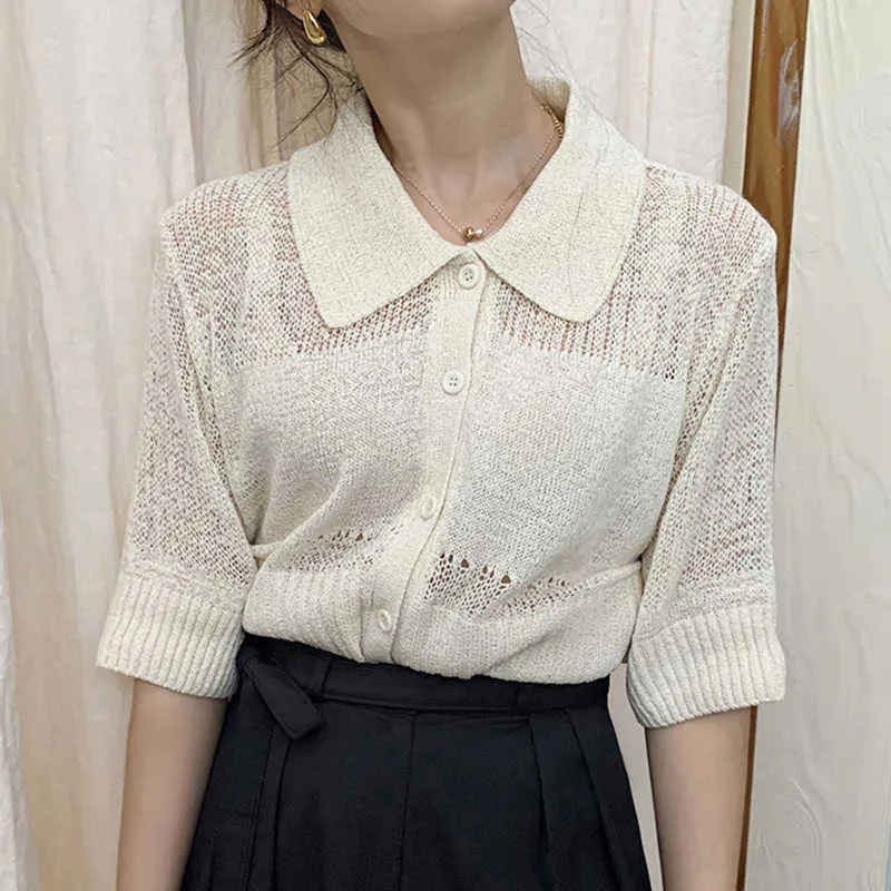 Korejpaa Women Sweater Summer Korean Chic Gentle Lapel Single-Breasted Loose Versatile Short-Sleeved Hollow Wool Cardigan 210526