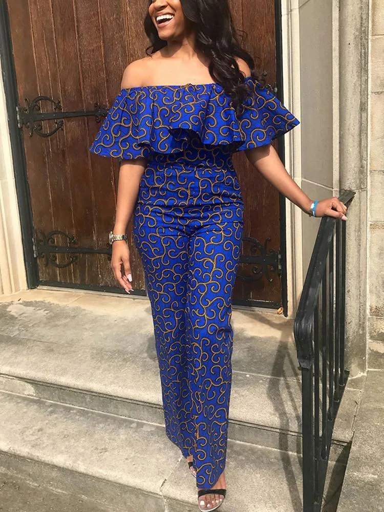 Women Printed Off Shoulder Jumpsuit Ruffle Sexy Party Clubwear Backless African Plus Size Summer Fashion Blue Slim Night Out 210416