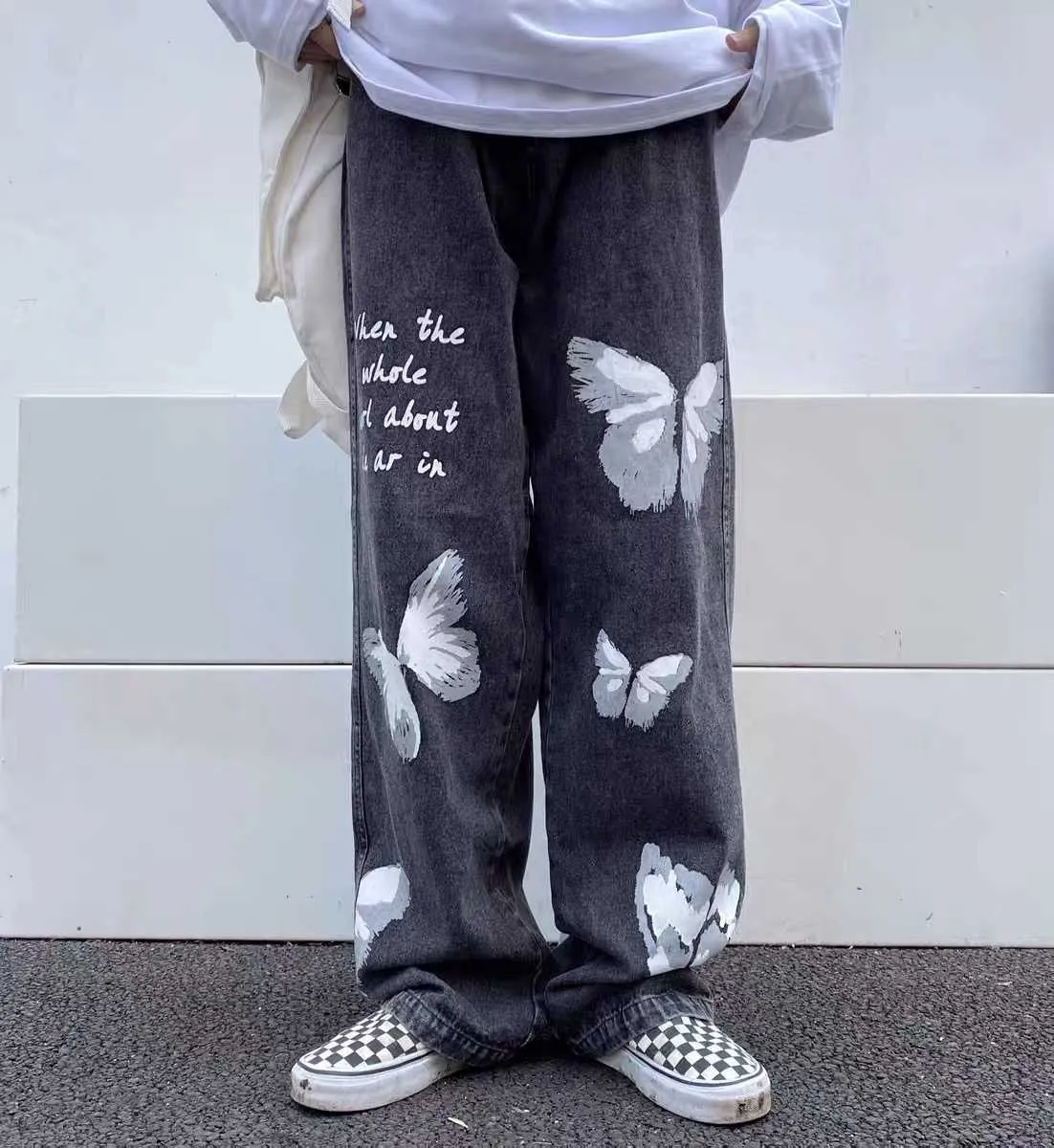 Jeans Hip Hop con stampa a catena a farfalla Pantaloni a gamba larga dritti Harajuku Oversize Streetwear Pantaloni larghi da uomo Pantaloni larghi 210723