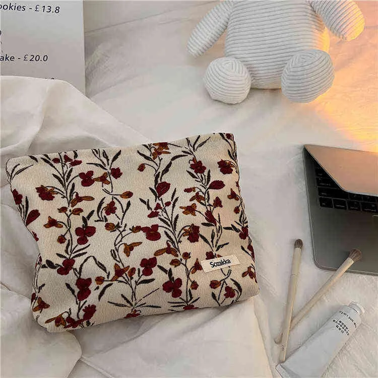 Nxy Cosmetic Bags Corduroy Travel Women Zipper Beauty Pouch Large Make Up Orgianzer Portable Necesserie Storage Floral Clutches 220302