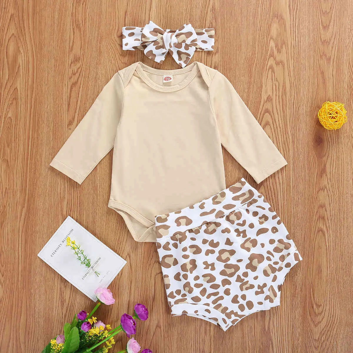0-24m Född spädbarnsflickor Leopard Kläder Set Höst Långärmad Romper Shorts Headband Outfits 210515