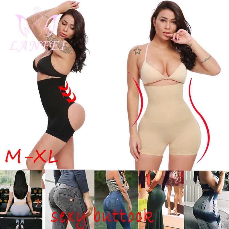 LANFEI Open Butt Lifter Panties Seamless Brief Boy Short High Waist Trainer Shapewear Tummy Control Body Shaper with Lace Trim