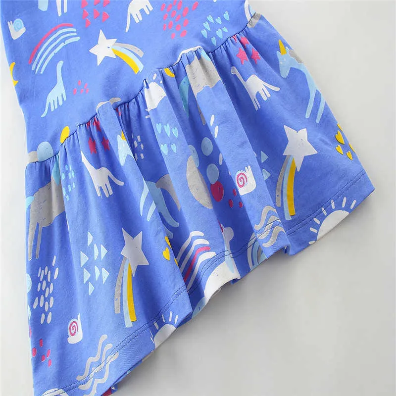 Metros de salto Verano Azul Dibujos animados Impresión Moda Princesa Vestidos de fiesta para bebé Ropa de algodón Niños Unicornio Vestido 210529