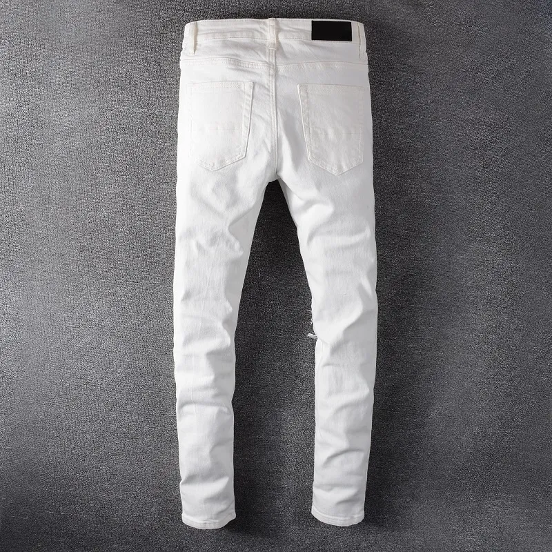 Mode Desiger Long Slim Blanc Jeans Haute Qualité Patchworl Déchiré Trou Demin Pantalon Streetwear Pantalon pour Hommes