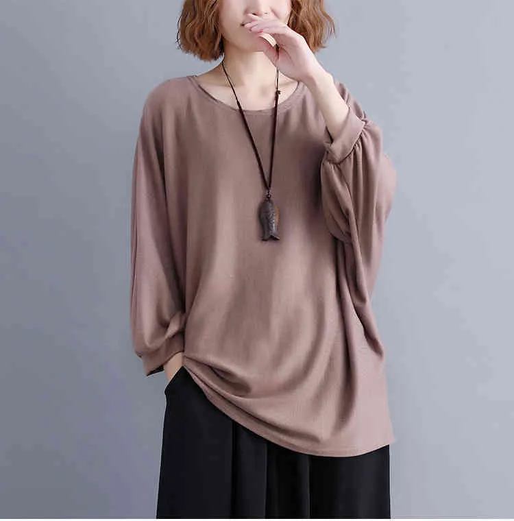 Coréen Long Plus Taille Chemises de l'épaule Tops pour femmes Solid O-Cou Batwing Manches 3141 50 210415