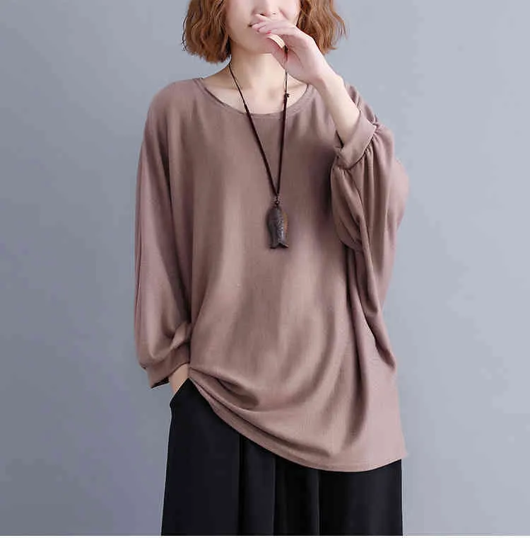 Koreańscy długie plus size koszulki z bluzki na ramię dla kobiet Solid O-Neck Batwing Sleeve 3141 50 210415