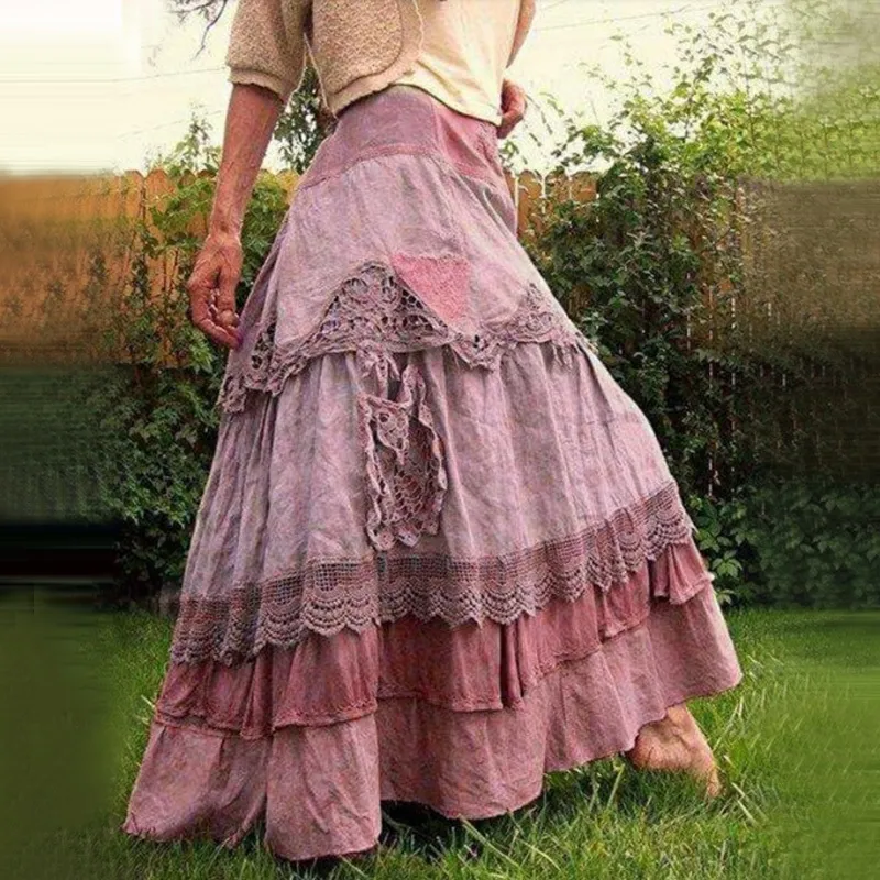 女性用プラスサイズのスカート夏のビンテージフリル特大のマキシスカート新しいレースロングスカートローウエストプレーリーシックドロップスカート210331