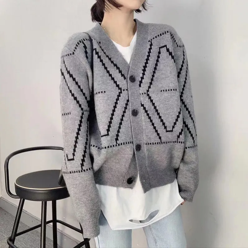 H.SA V 넥 대형 여성 겨울 아가일 싱글 브레스트 여성 스웨터 코트 가을 느슨한 니트 카디건 210417