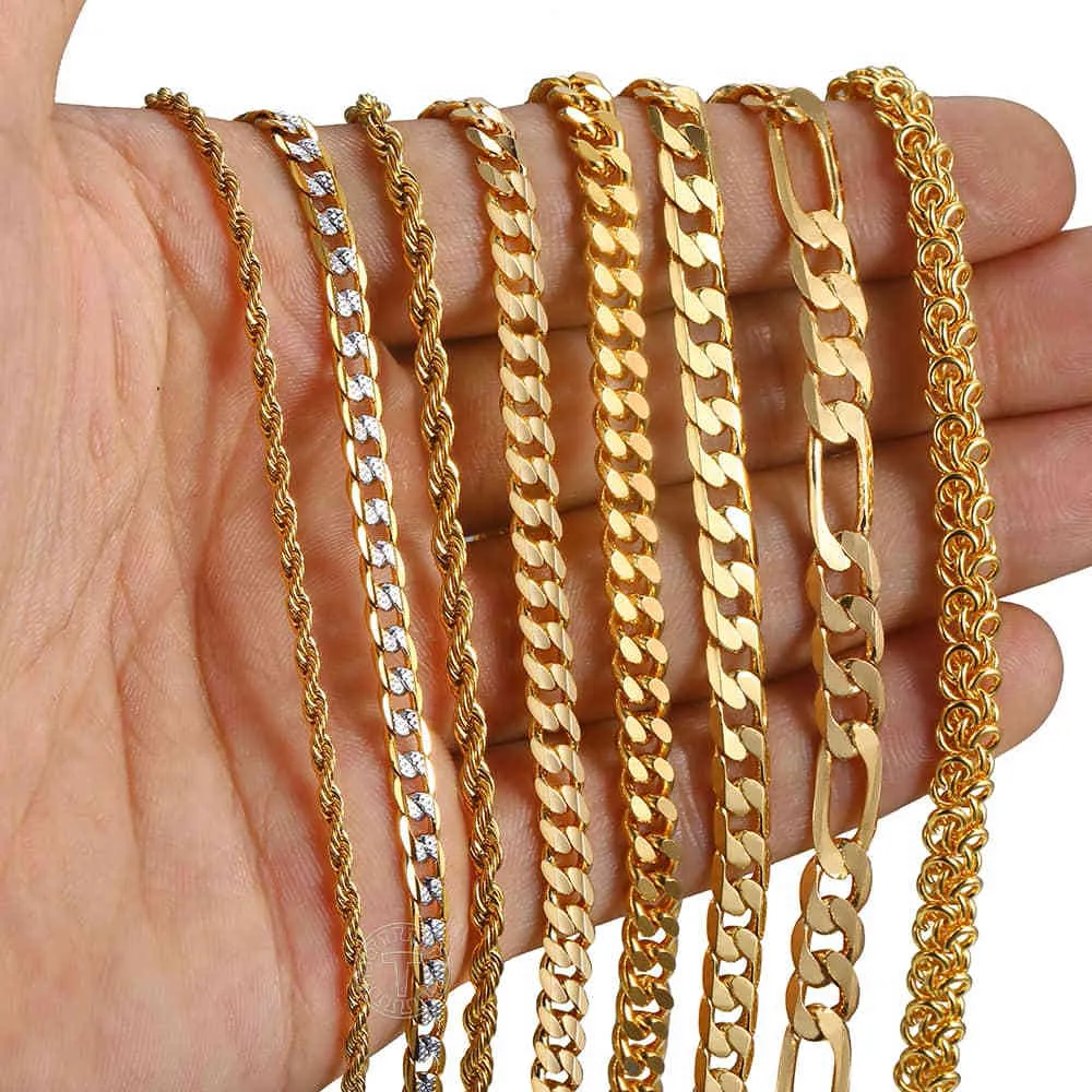 Unisex Gold-Filled Stainless Steel Necklaces - Wheat, Figaro, Rope, and Cuban Link Chains for Men and Women