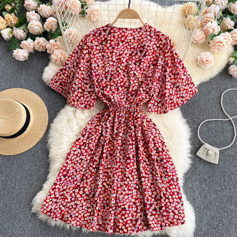 Kimutomo elegante bloemen jurk vrouwen zomer v-hals bladerdeeg mouw slanke hoge taille vakantie wind ins stijl vestidos vrouwelijke 210521