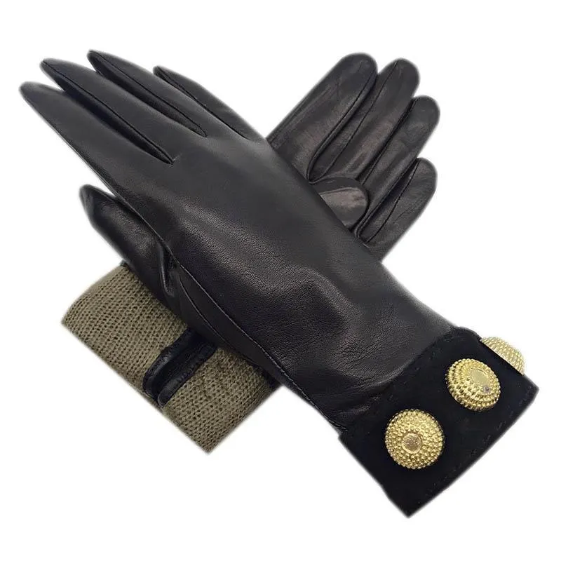 Cinq doigts gants hiver dames poignet mode peau de chèvre noir chaud véritable conduite cuir moto points d'équitation doigt laine L