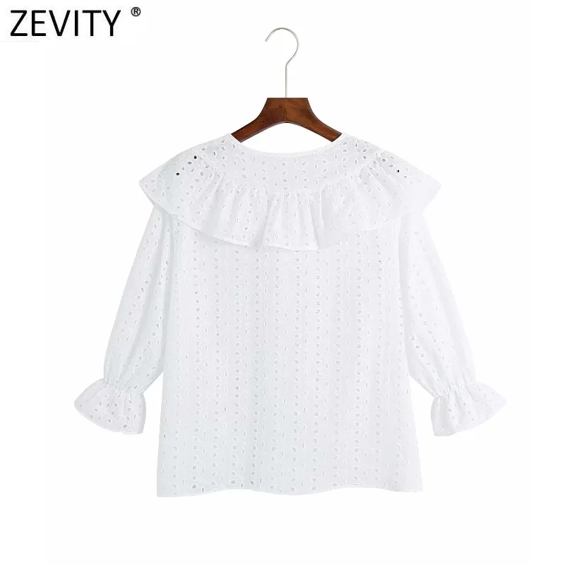 Women Sweet Hollow Out Embroidery White Ruffles Smock Blouse Female Peter Pan Collar Lace Shirts Chic Blusas Tops LS9266 210420