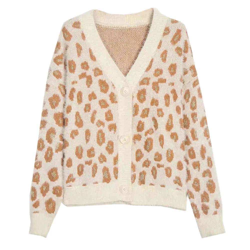 Vintage Leopard Print Kvinnor Strikkad Cardigan Sweater V-Neck Knappar Kort Jumper Casual Kvinna Ladies Outwear 210520