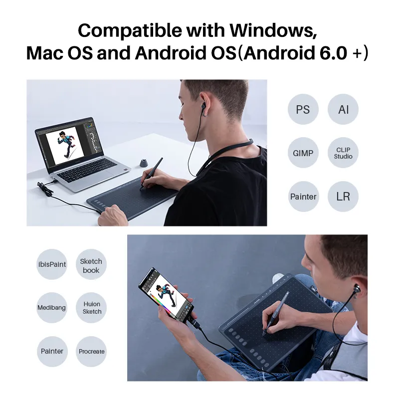 HUION HS611 Graphic Tablet 8192 Levels Digital Drawing Tablets Express/Multimedia Keys Bar Battery-Free Pen with Tilt Function
