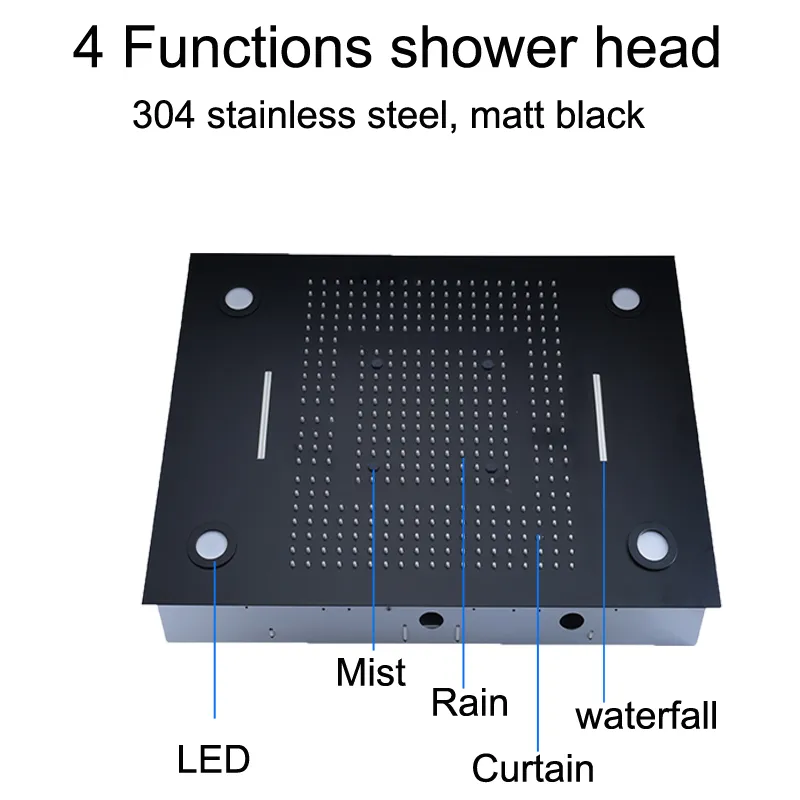 24-Zoll-Duschpaneele mit großem LED-Regen-Wasserfall-Nebel-Duschpaneel, Thermostat-Mischerset mit 5 Funktionen, mattschwarze Oberfläche