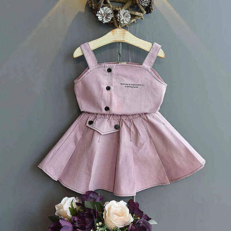 Летняя мода маленькая девочка набор одежды письма напечатана камизолплеенная юбка корейский милый дети нарядов детская одежда G220310