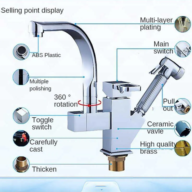 Onyzpily Kitchen Faucet Chrome Led Pull Out Kitchen Tap &Cold Mixer Tap 2 Waterway 360 Swivel Deck Mounted torneira de cozinh 210724