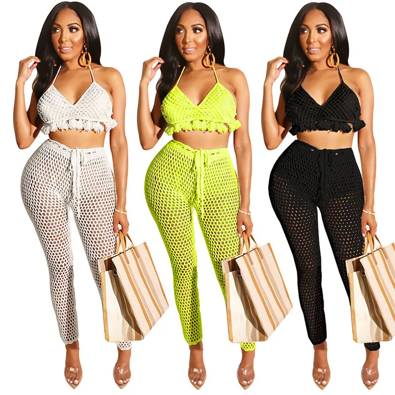 Gebreide haak Sexy Tweedelige Set Zomer Vrouwen Holle Halter Backless Tassel Crop Top + See Through Pants Beach Club Outfits x0428