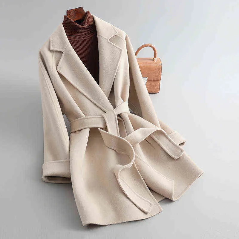 Cashmere Cashmere Cinto Outerwear Casaco Mulheres Natural Wool Revestimento Casaco de Pano Mulheres S3654 211130