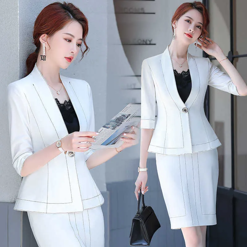 Mulher profissional terno pequena saia de negócios senhoras elegante all-match blazer branco colarinho 210527
