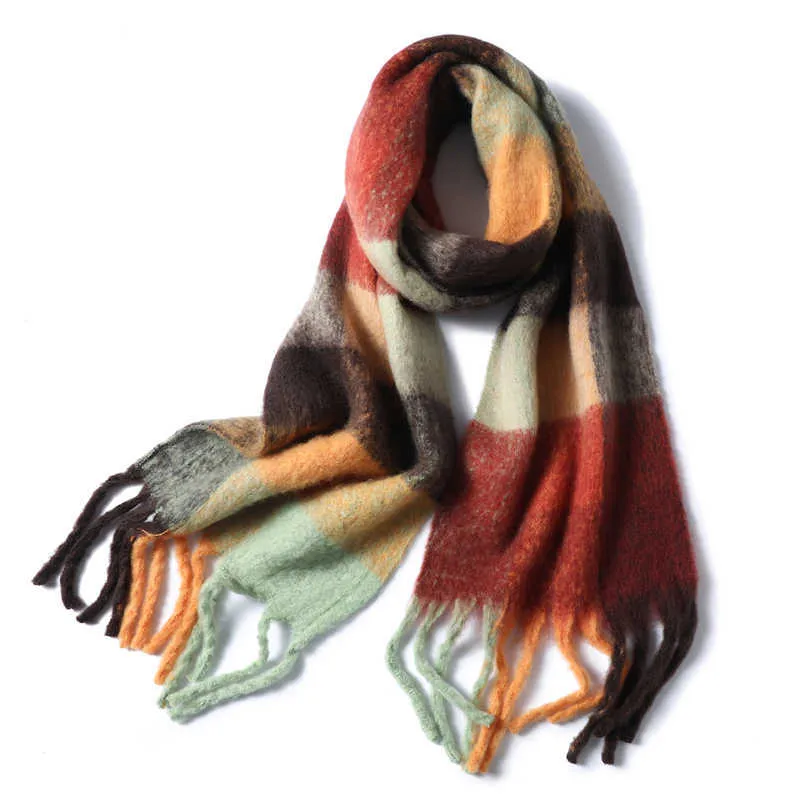 2020 nuevas mujeres bufanda a cuadros invierno pashmina chales cachemira envolturas gruesas dama borla bufandas cálidas arco iris peludo bufanda Q0828