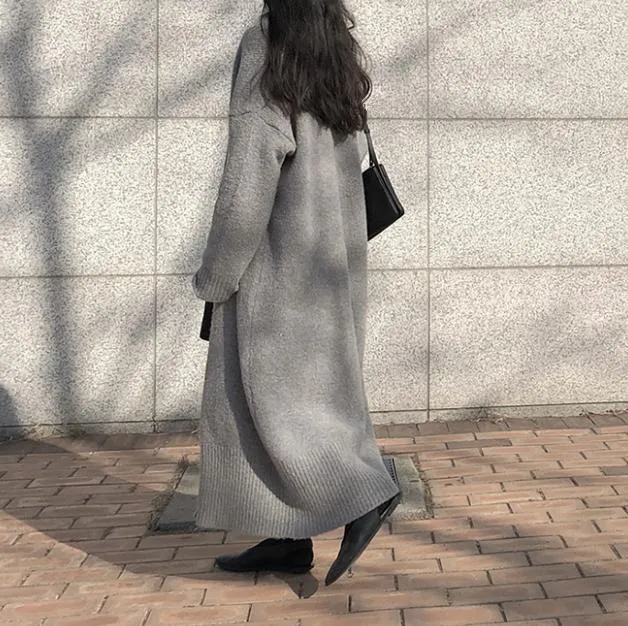cardigan ROHO super lungo il tempo libero donna primavera moda maglione lungo lavorato a maglia donna cappotto grande casual nero 210423