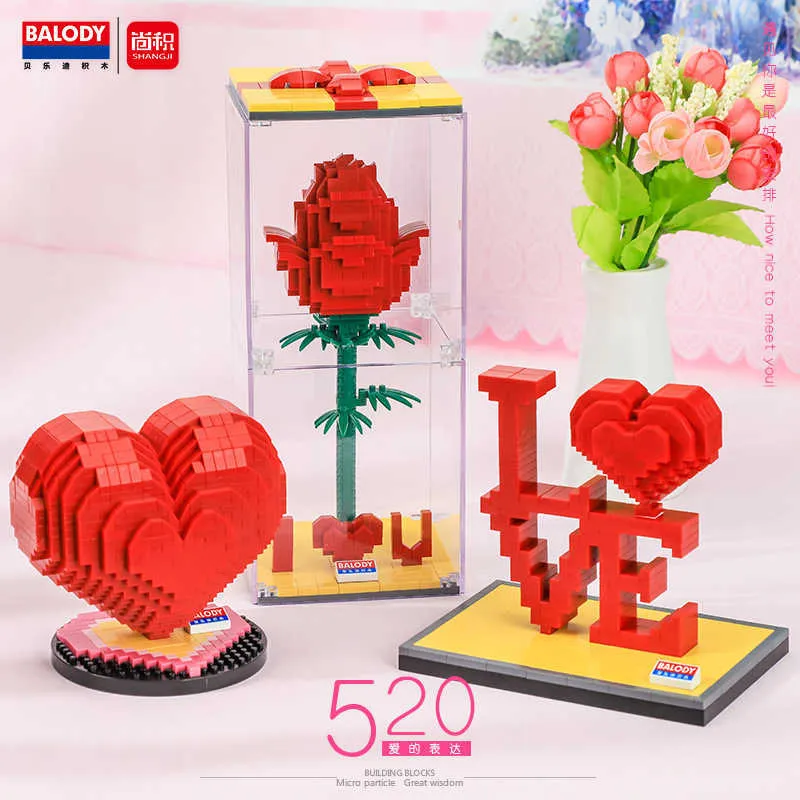 Micro Balody Lover Series Blok Set Rood Hart Rose Love Word Model Building Baksteen Speelgoed voor Paar Valentine Day Gift Q0624