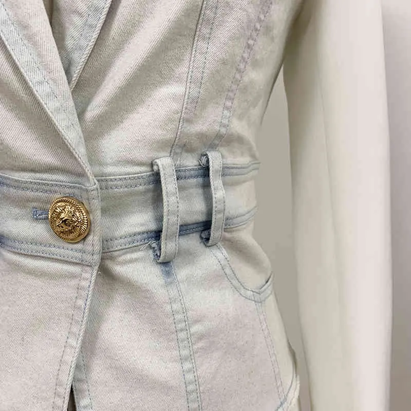 하이 스트리트 최신 세련된 디자이너 재킷 여성 슬림 피팅 라이온 버튼 데님 패치 워크 블레이저 210330