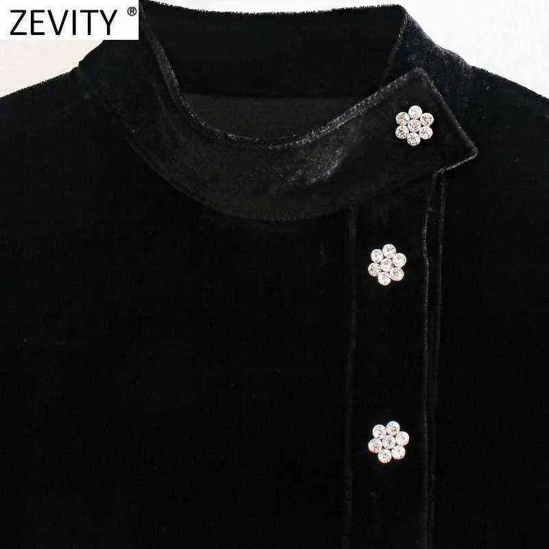 Zevity 2021 Women Stand Collar Diamond Buttons Decoration Casual Slim Black Velvet Dress Female Chic Party A Line Vestido DS5051 Y1204