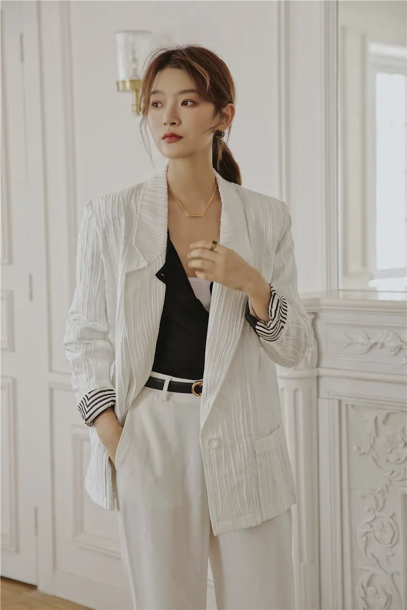 Blanc Côtelé Blazer Automne Costume Veste Femmes Manteau Sur Mesure Dames Coréennes Designer De Mode 210427