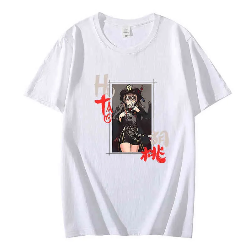 Genshin Impact Hu Tao Tシャツ男性女性漫画トップスTシャツゲームプリントストリートウェアユニセックスカップルティー100％コットン女性トップスG220310