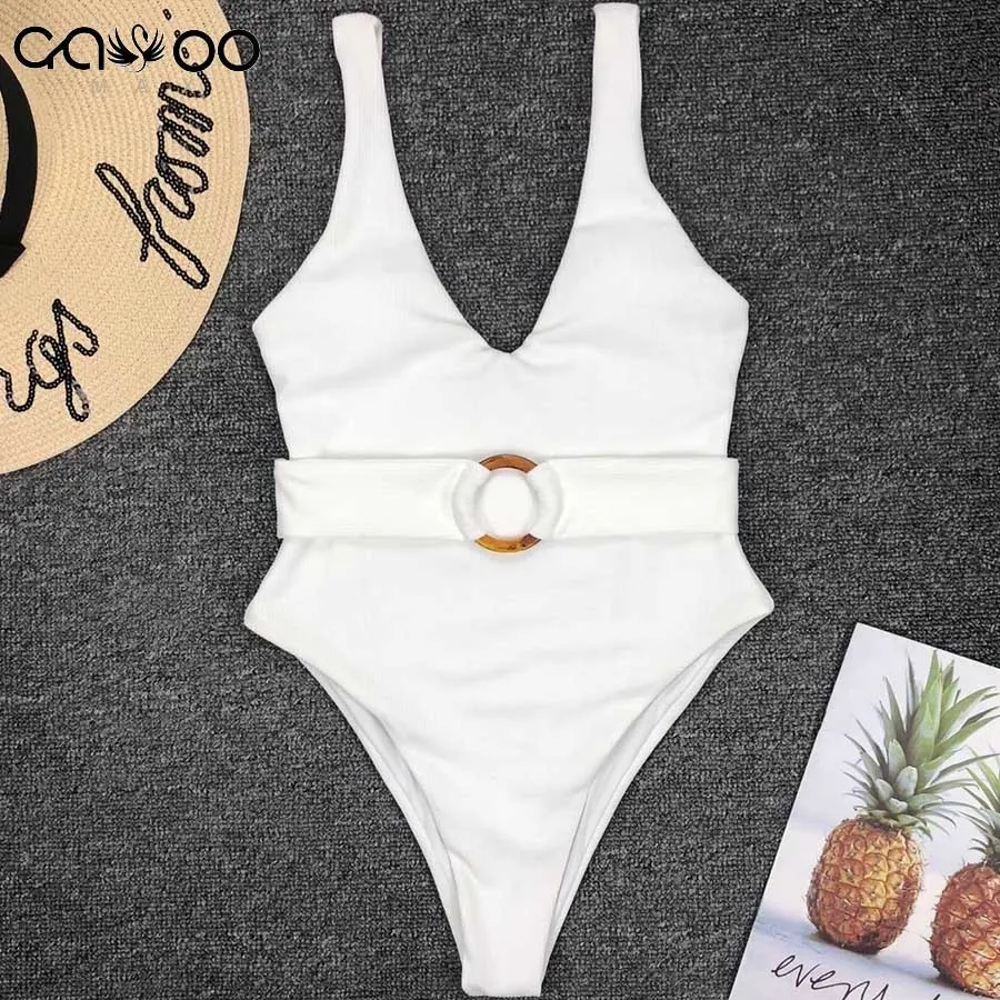 Neon Bikini Women White Swimwear V Neck Swimsuit Female Bather Bathing Suit With Belt Push Up Body Suit Monokini 210407