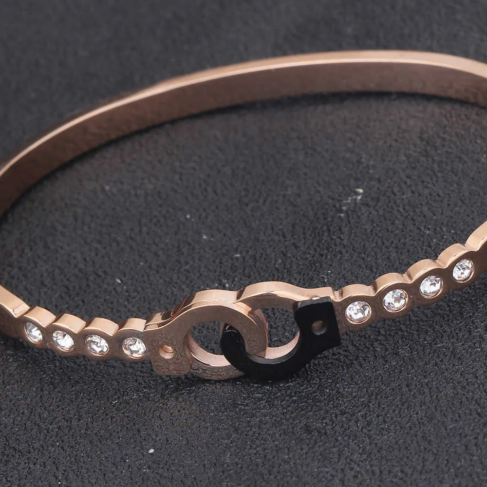 Aço Inoxidável Handcuff Pulseira Rosa Ouro Para Mulheres Mão Cuff Braceletes Bangle Zircon Jóias Homens Hip Hop Rock Amigo Par Q0717