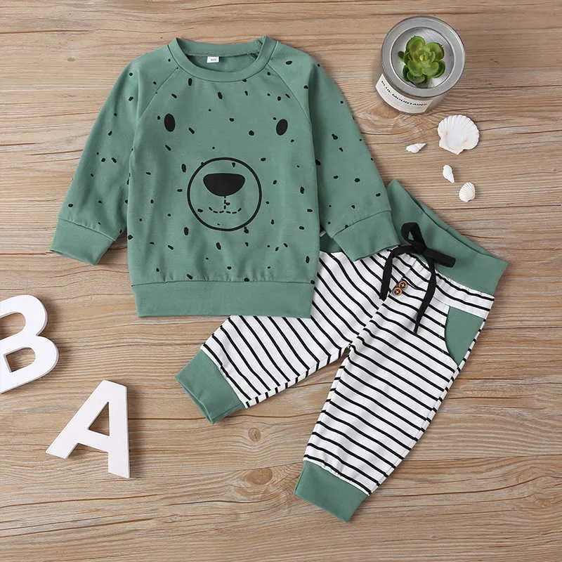 Spring children wear bear boys girls long sleeve T-shirt stripe pants fashion casual suit kids clothes E91252 210610